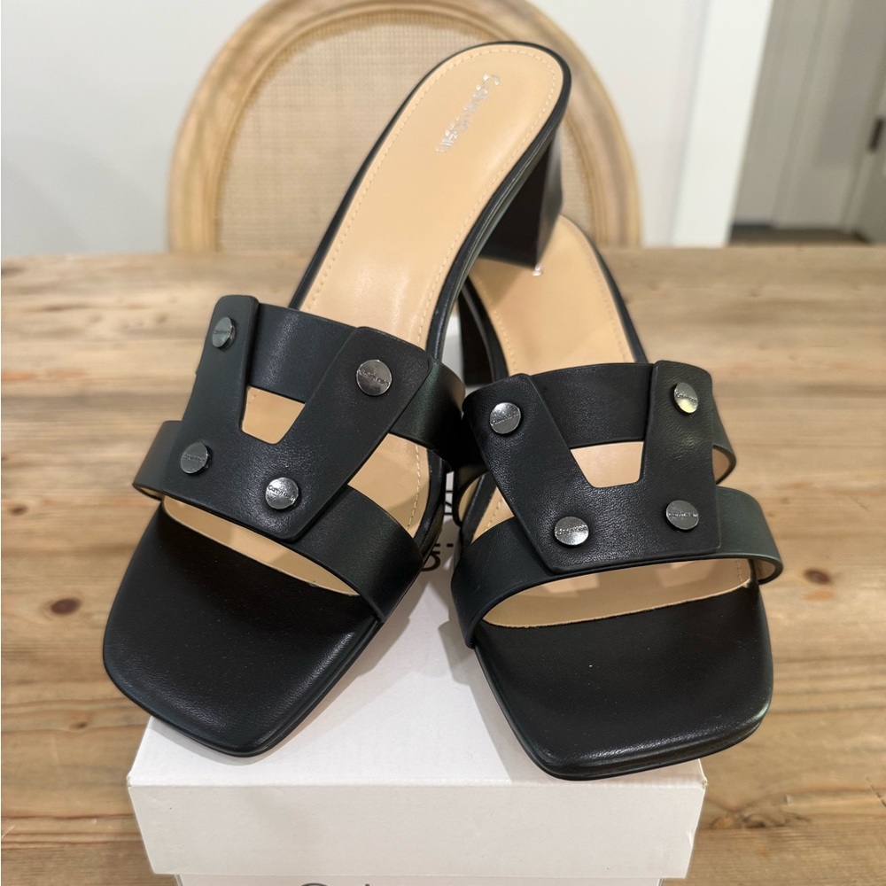 Calvin Klein Andrae SlipOn Block Heels, Black Leather, Size 11, New In Box,
